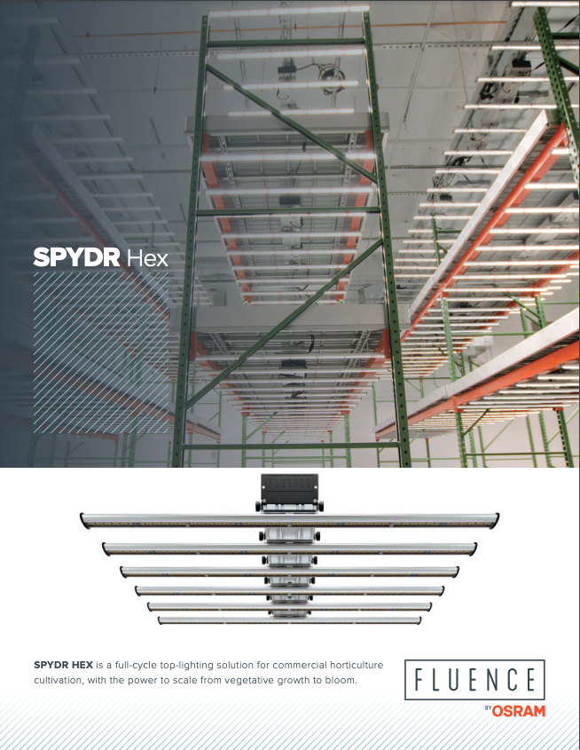 LED grow lights for cannabis suspended in warehouse, SPYDR HEX specs displayed.